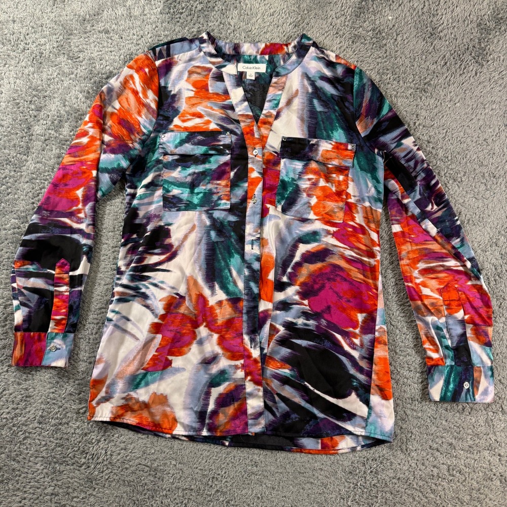 Calvin Klein Blouse Womens Small Multicolor Abstract Roll Tab Sleeve Button Up